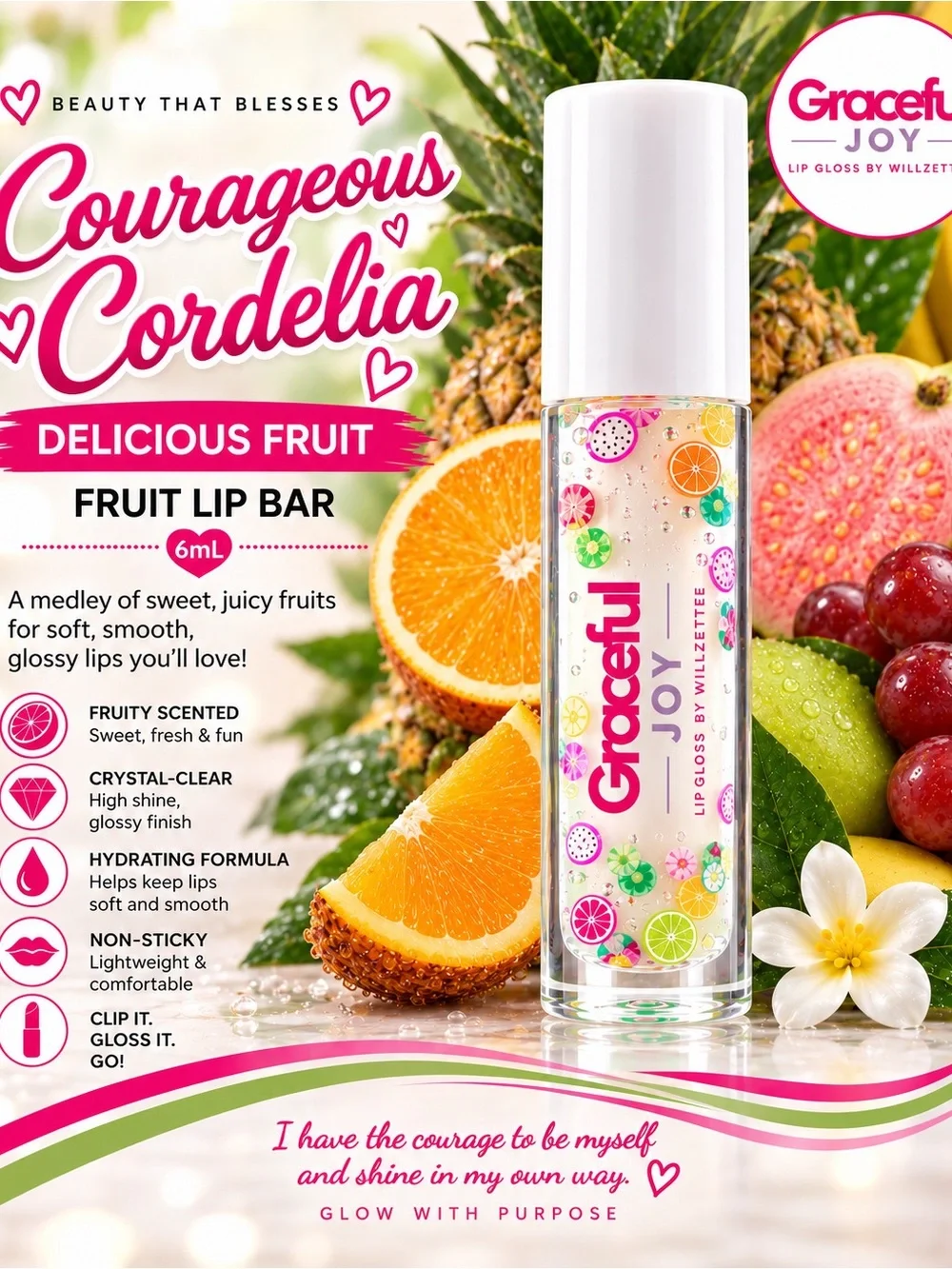 Graceful Joy Courageous Cordelia - Fruit Lip Bar - Clear Tropical Gloss